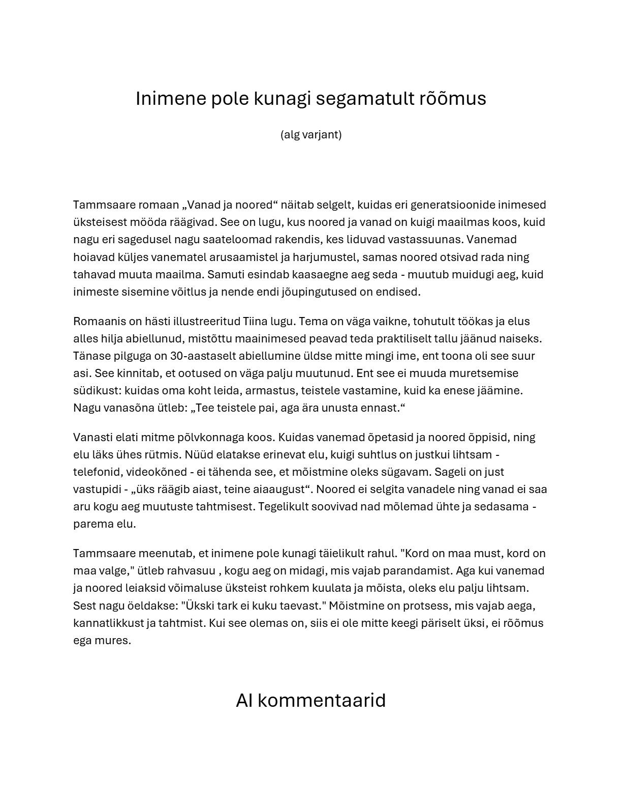 "Vanade ja noorte" arvamuslugu, eelvaade